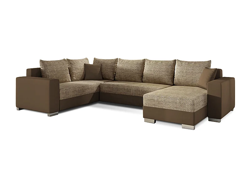 Canapé U convertible tissu beige chiné et simili marron clair coffre de rangement à droite Marry 321cm