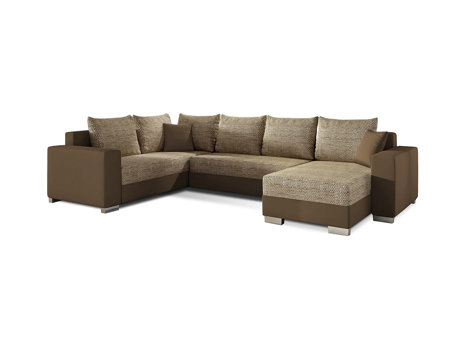 Canapé U convertible tissu beige chiné et simili marron clair coffre de rangement à droite Marry 321cm