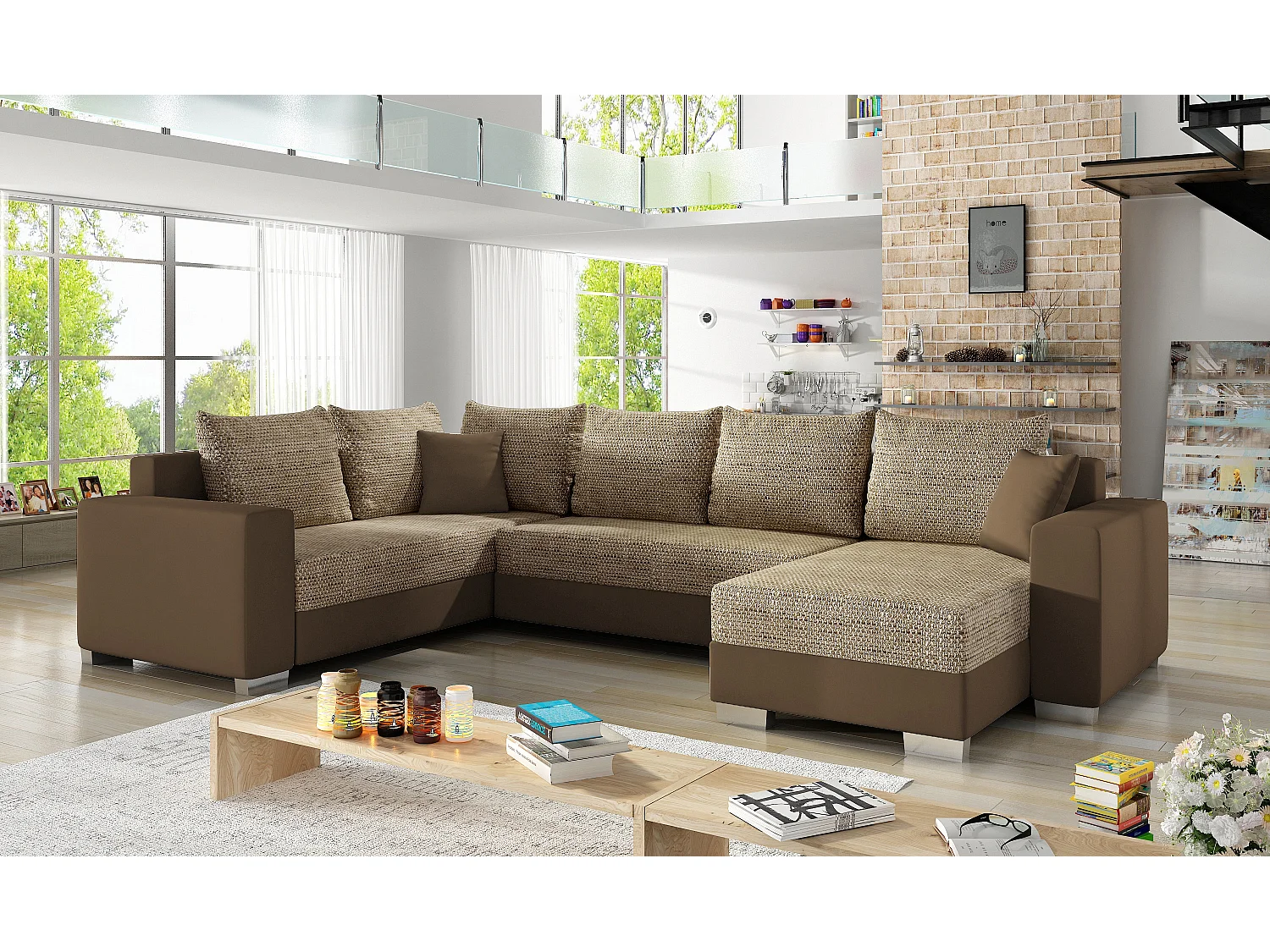 U-slaapbank in gemêleerde beige stof en lichtbruine imitatie opbergdoos rechts Marry 321 cm