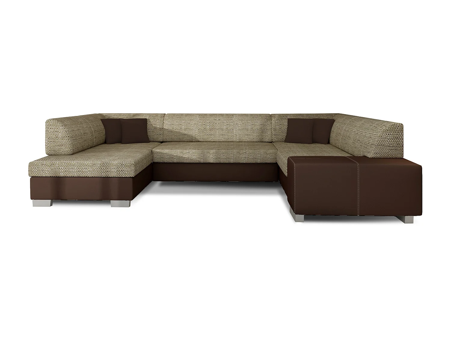 Canapé convertible panoramique bi matières tissu beige clair chiné et simili cuir marron avec coffre de rangement Houston 320cm-Coffre de rangement à gauche
