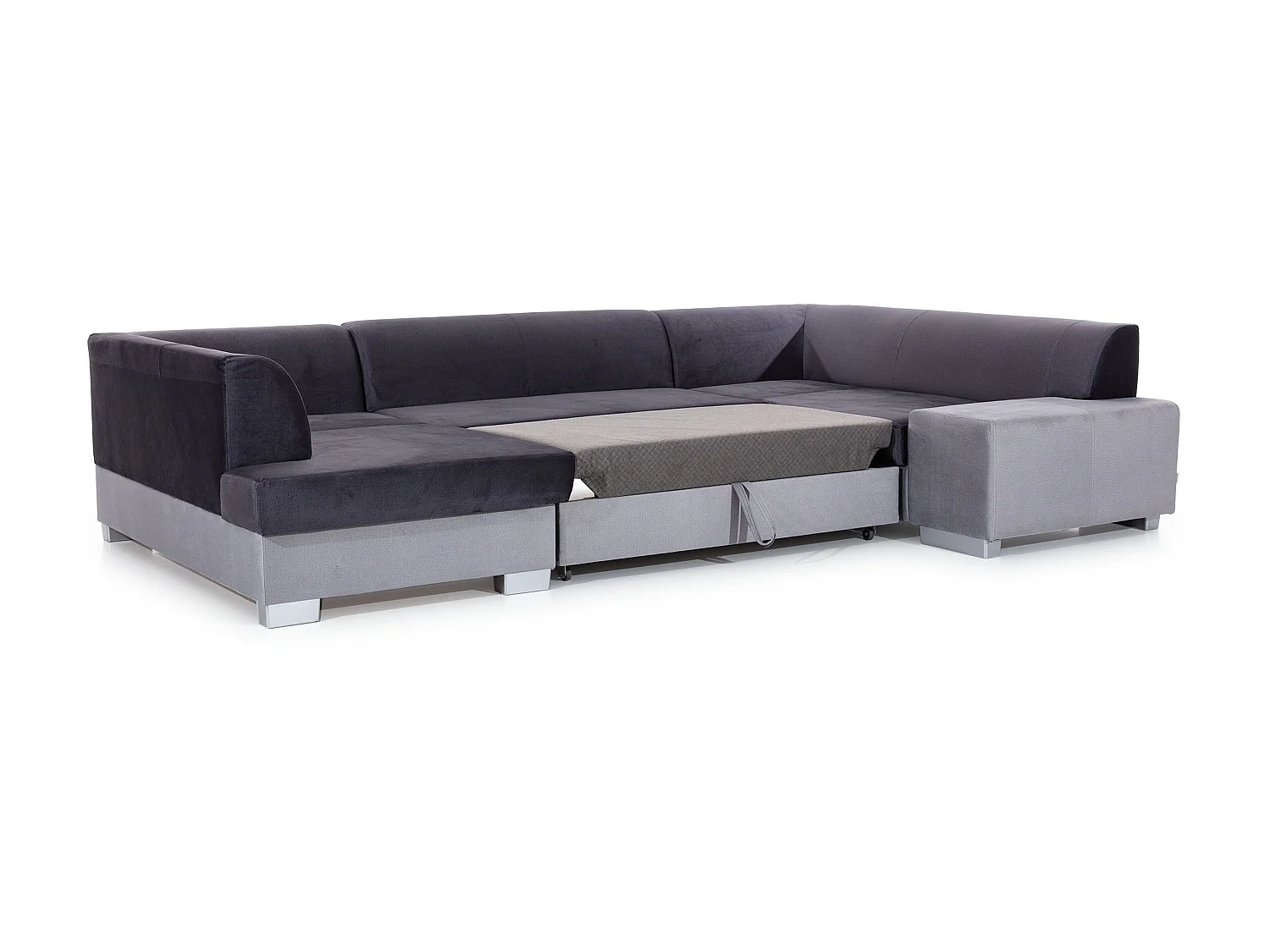 Canapé convertible panoramique bi matières tissu beige clair chiné et simili cuir marron avec coffre de rangement Houston 320cm-Coffre de rangement à gauche