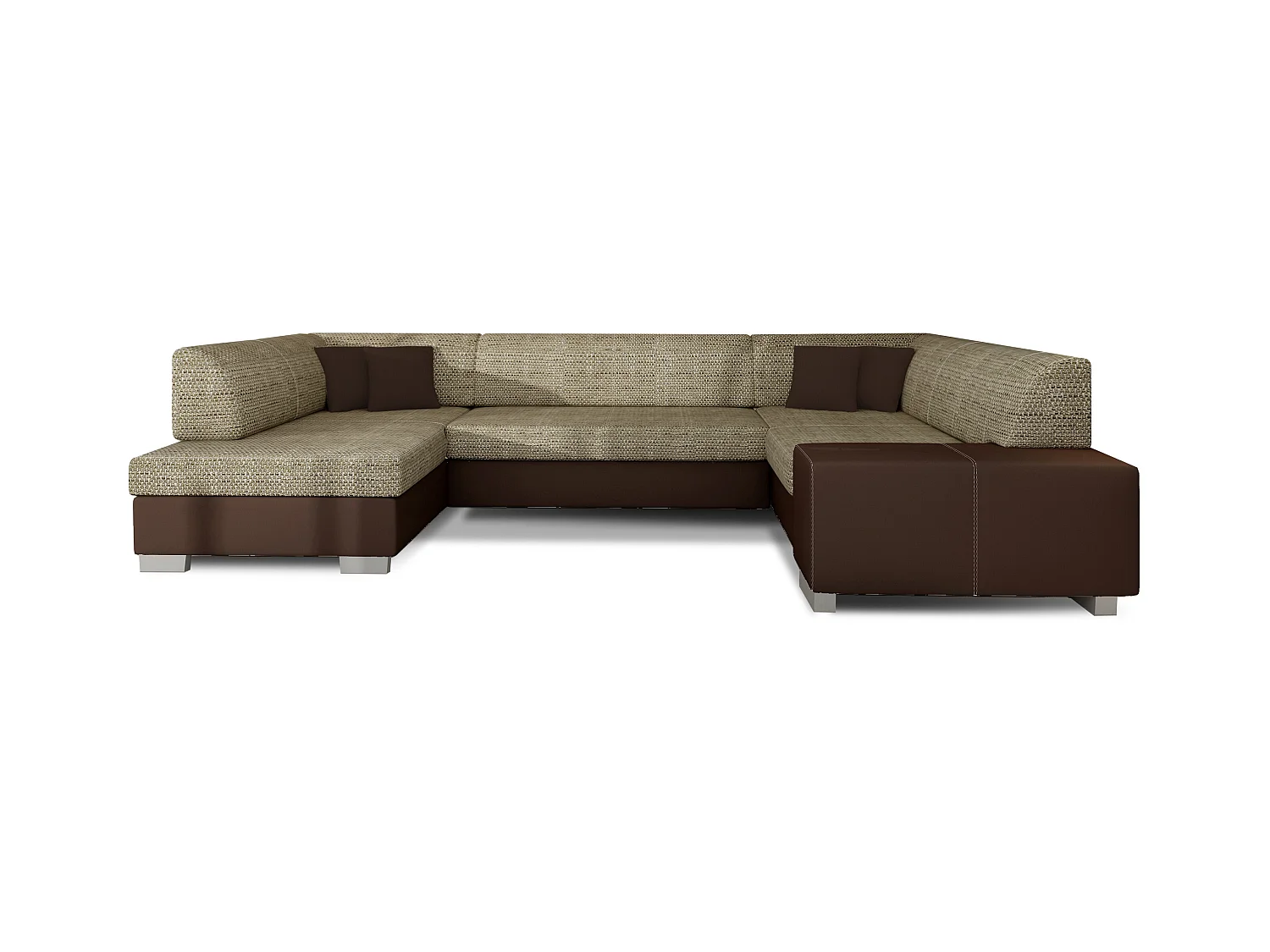 Canapé convertible panoramique bi matières tissu beige clair chiné et simili cuir marron avec coffre de rangement Houston 320cm-Coffre de rangement à gauche