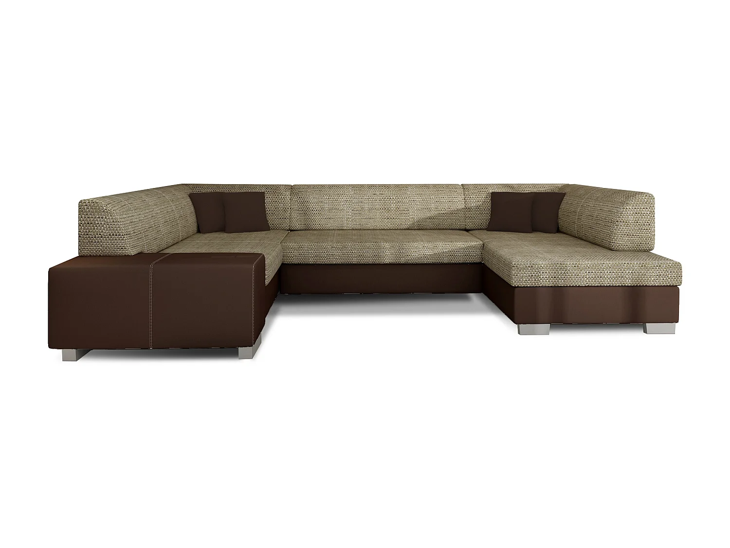 Canapé convertible panoramique bi matières tissu beige clair chiné et simili cuir marron avec coffre de rangement Houston 320cm-Coffre de rangement à gauche