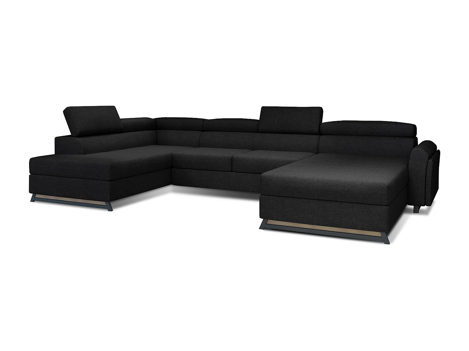 Grand canapé panoramique convertible tissu noir avec coffre Konba 370cm-Coffre de rangement à gauche