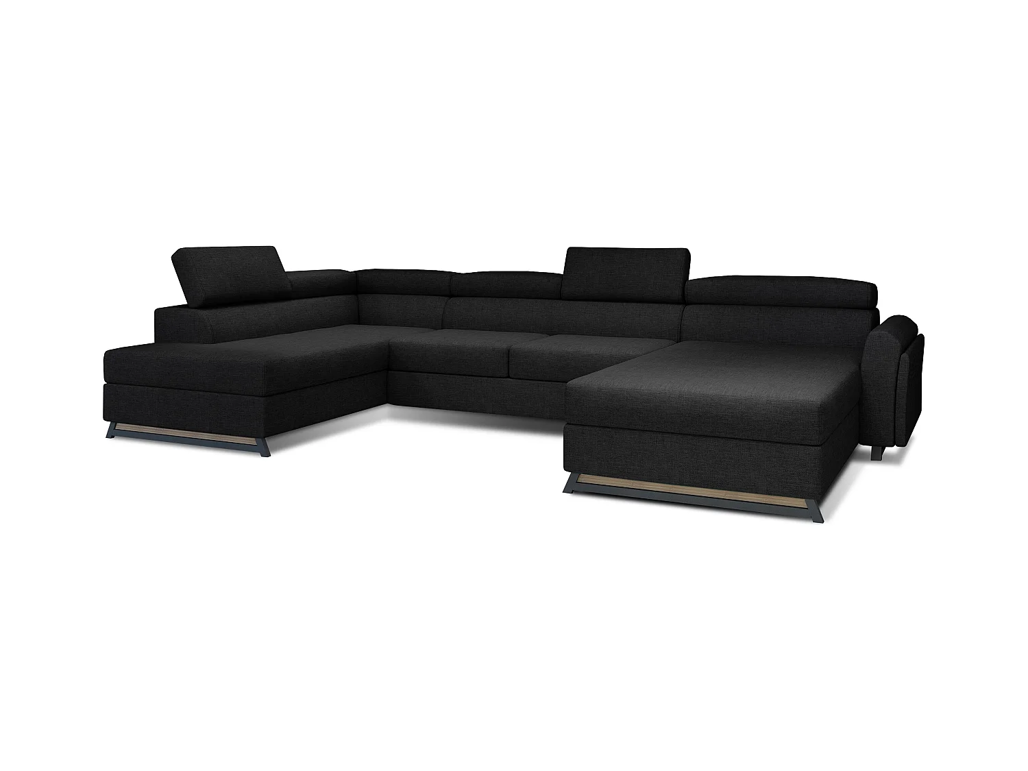 Grand canapé panoramique convertible tissu noir avec coffre Konba 370cm-Coffre de rangement à gauche