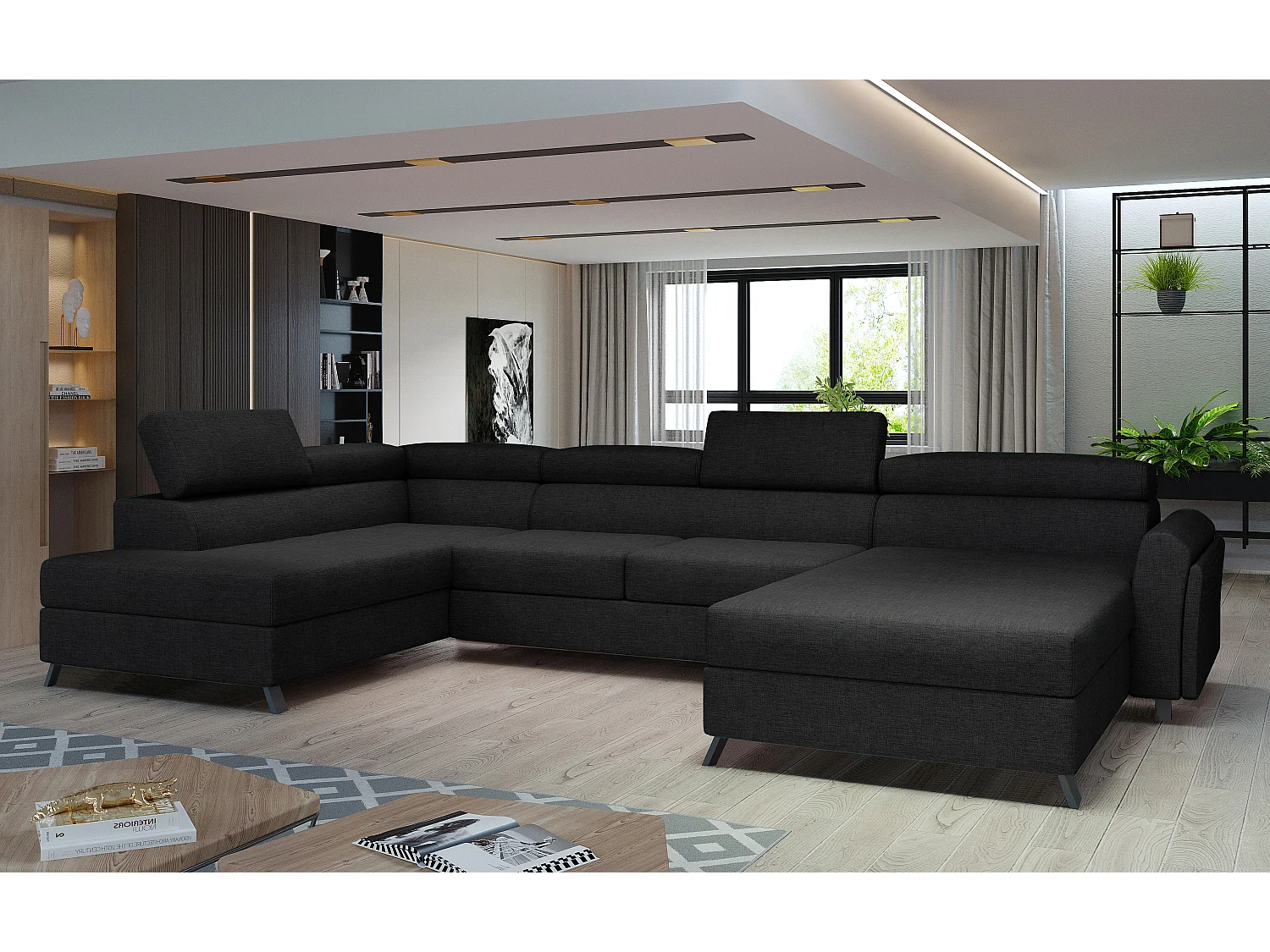 Grand canapé panoramique convertible tissu noir avec coffre Konba 370cm-Coffre de rangement à gauche