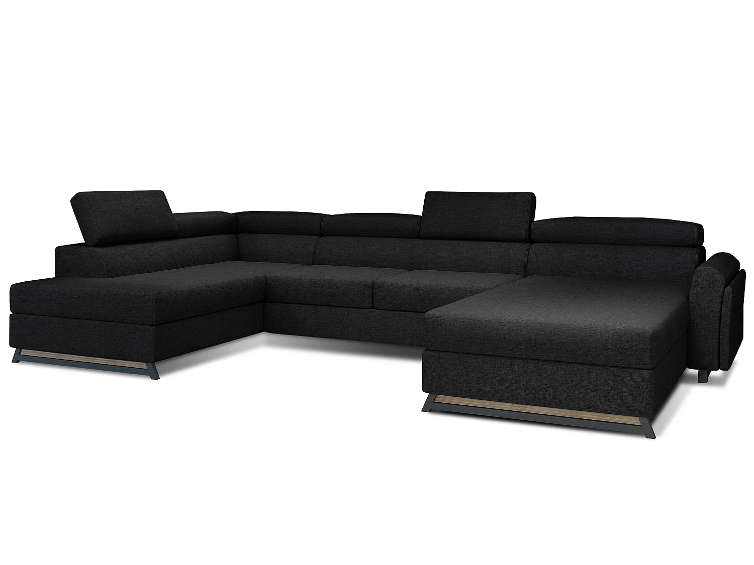 Grand canapé panoramique convertible tissu noir avec coffre Konba 370cm-Coffre de rangement à gauche