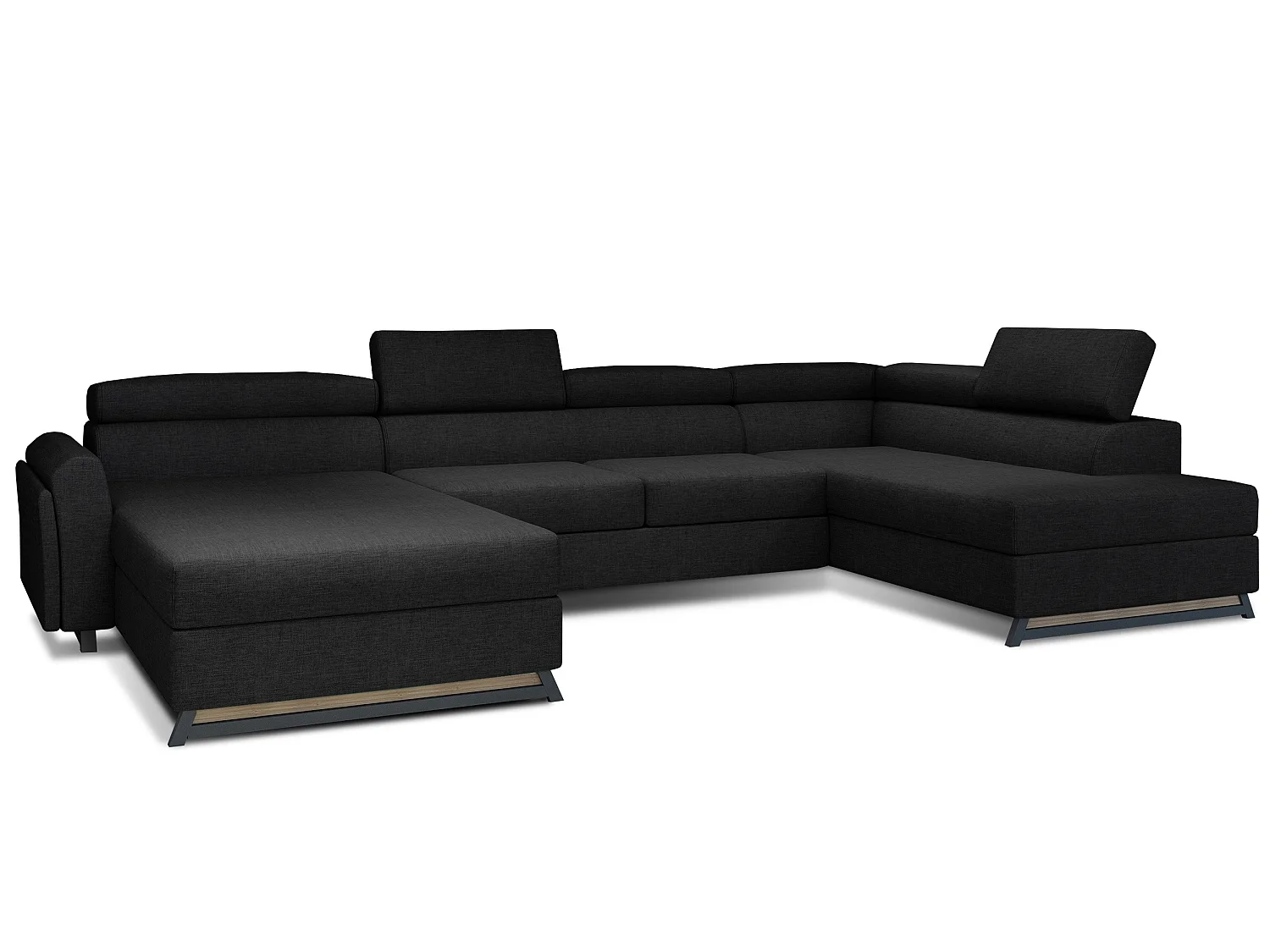Grand canapé panoramique convertible tissu noir avec coffre Konba 370cm-Coffre de rangement à gauche