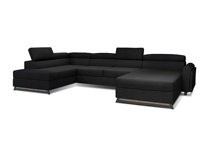 Grand canapé panoramique convertible tissu noir avec coffre Konba 370cm-Coffre de rangement à gauche
