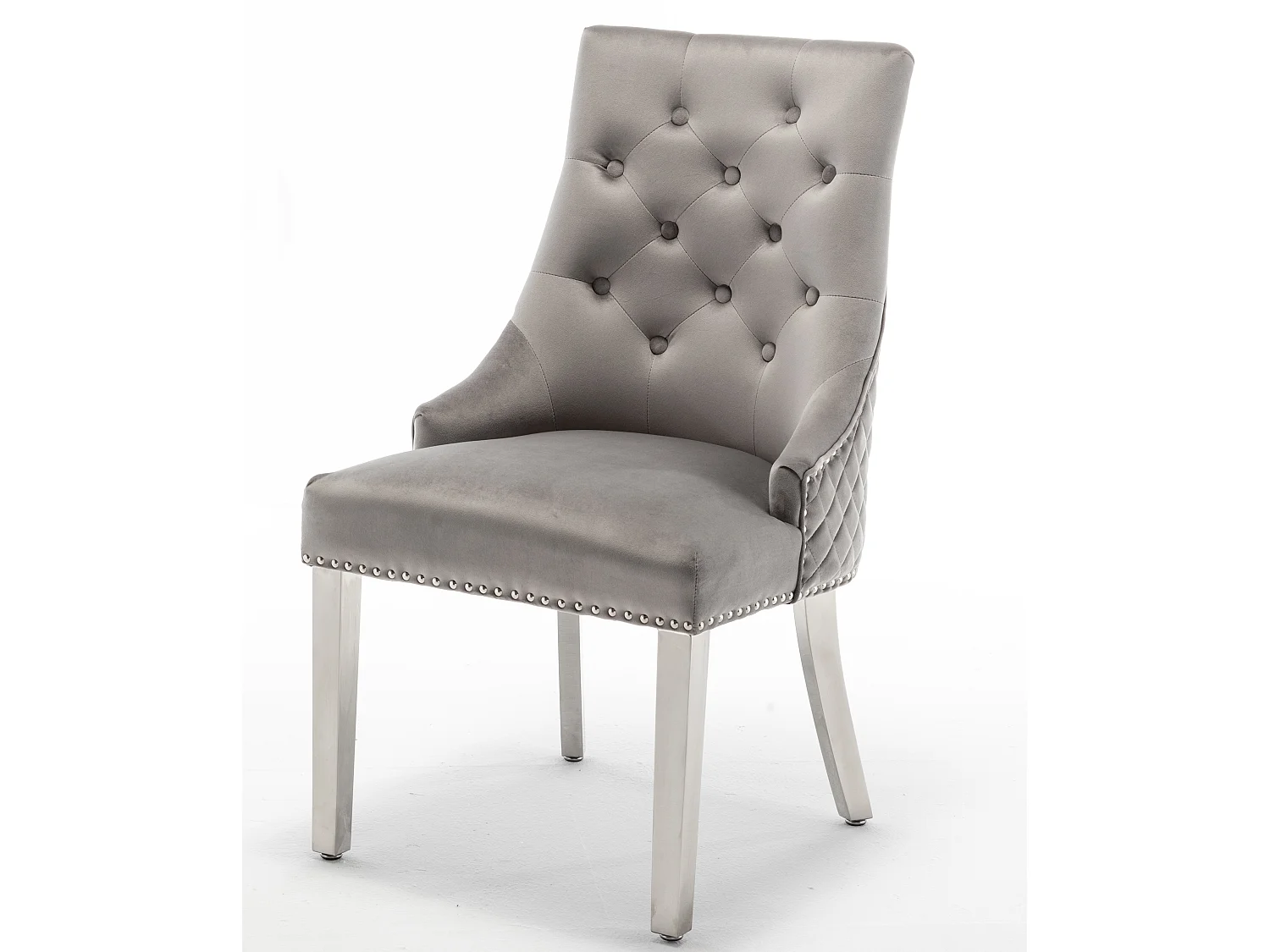 Chaise capitonnée velours avec anneau d'un lion au dos et pieds métal chromé Elena - Lot de 2-Couleur Gris