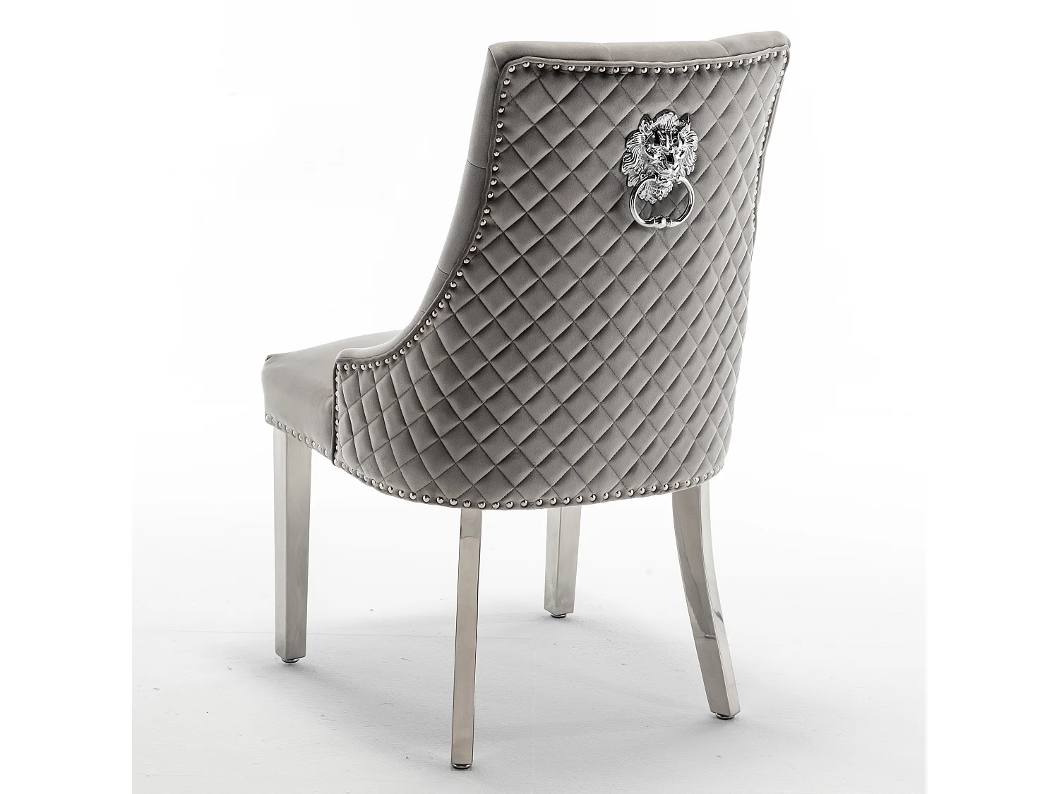 Chaise capitonnée velours avec anneau d'un lion au dos et pieds métal chromé Elena - Lot de 2-Couleur Gris