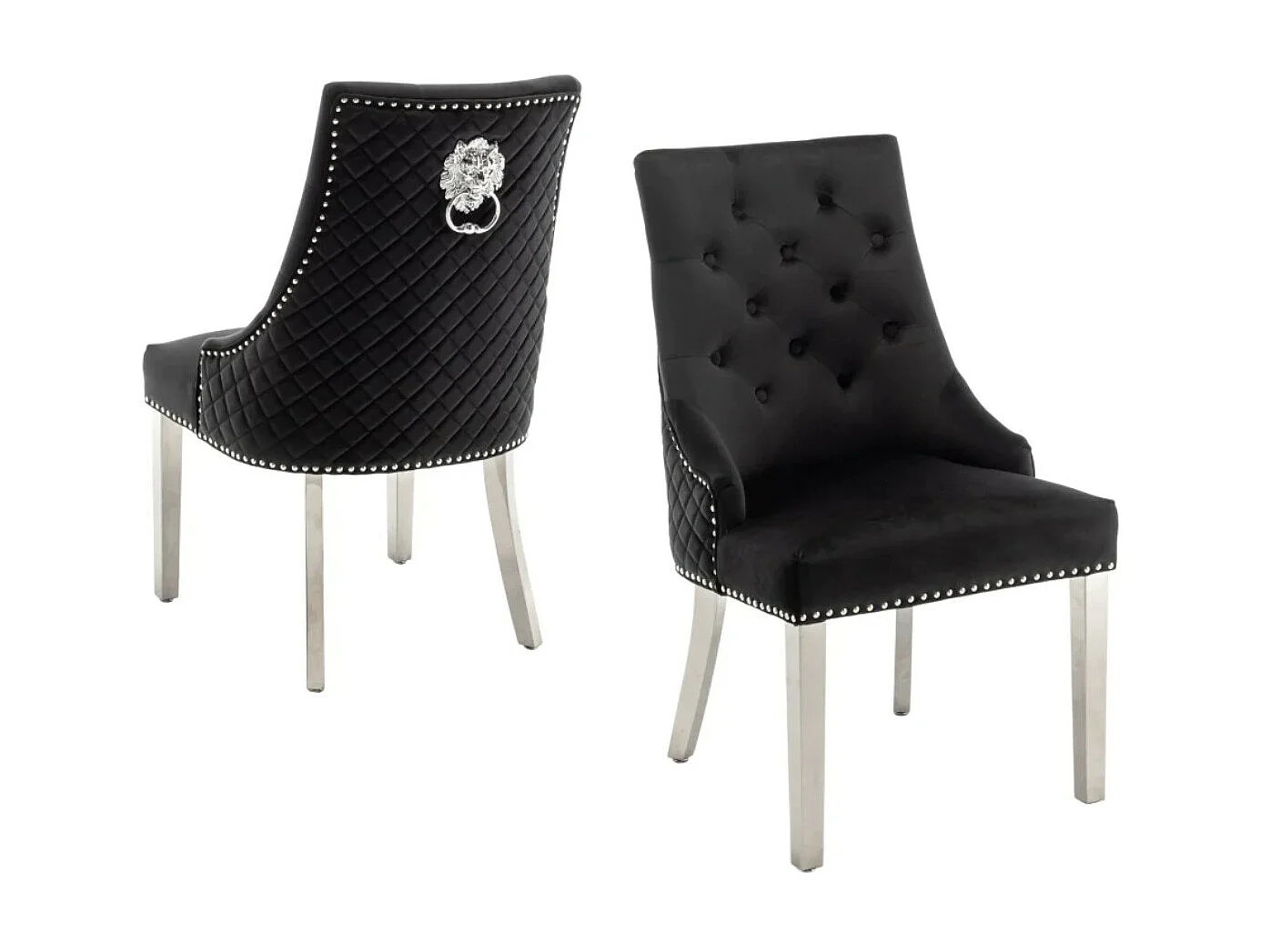 Chaise capitonnée velours avec anneau d'un lion au dos et pieds métal chromé Elena - Lot de 2-Couleur Gris