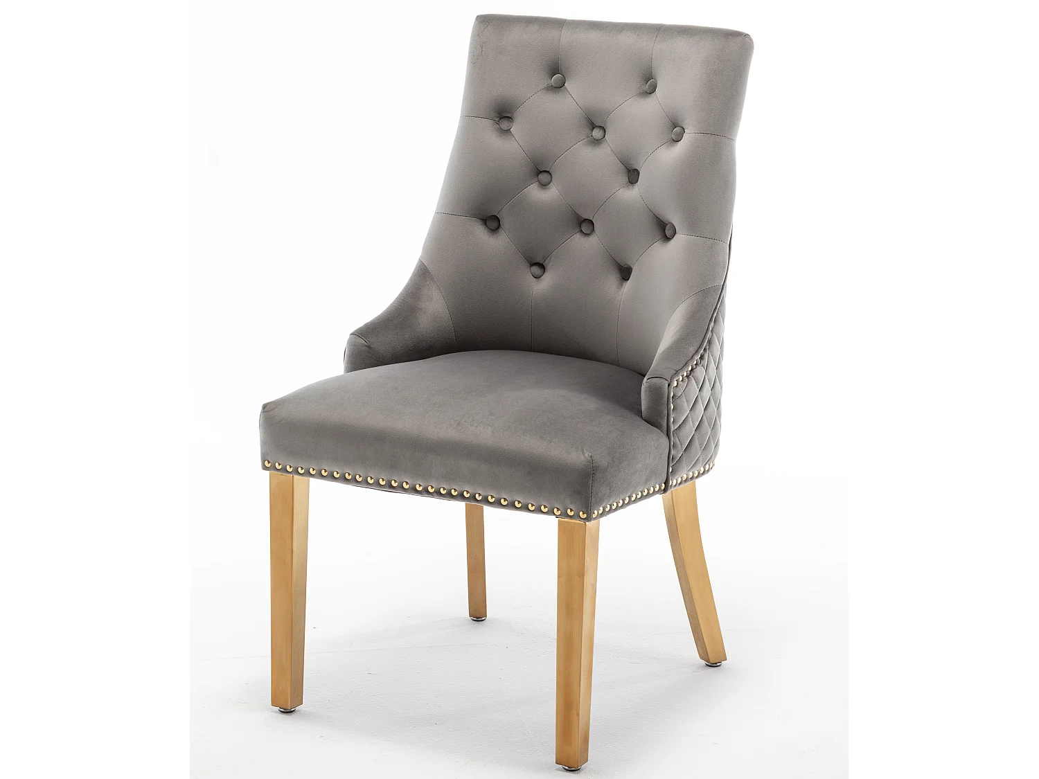 Chaise capitonnée velours avec anneau au dos et pieds métal doré Royal - Lot de 2-Couleur Gris