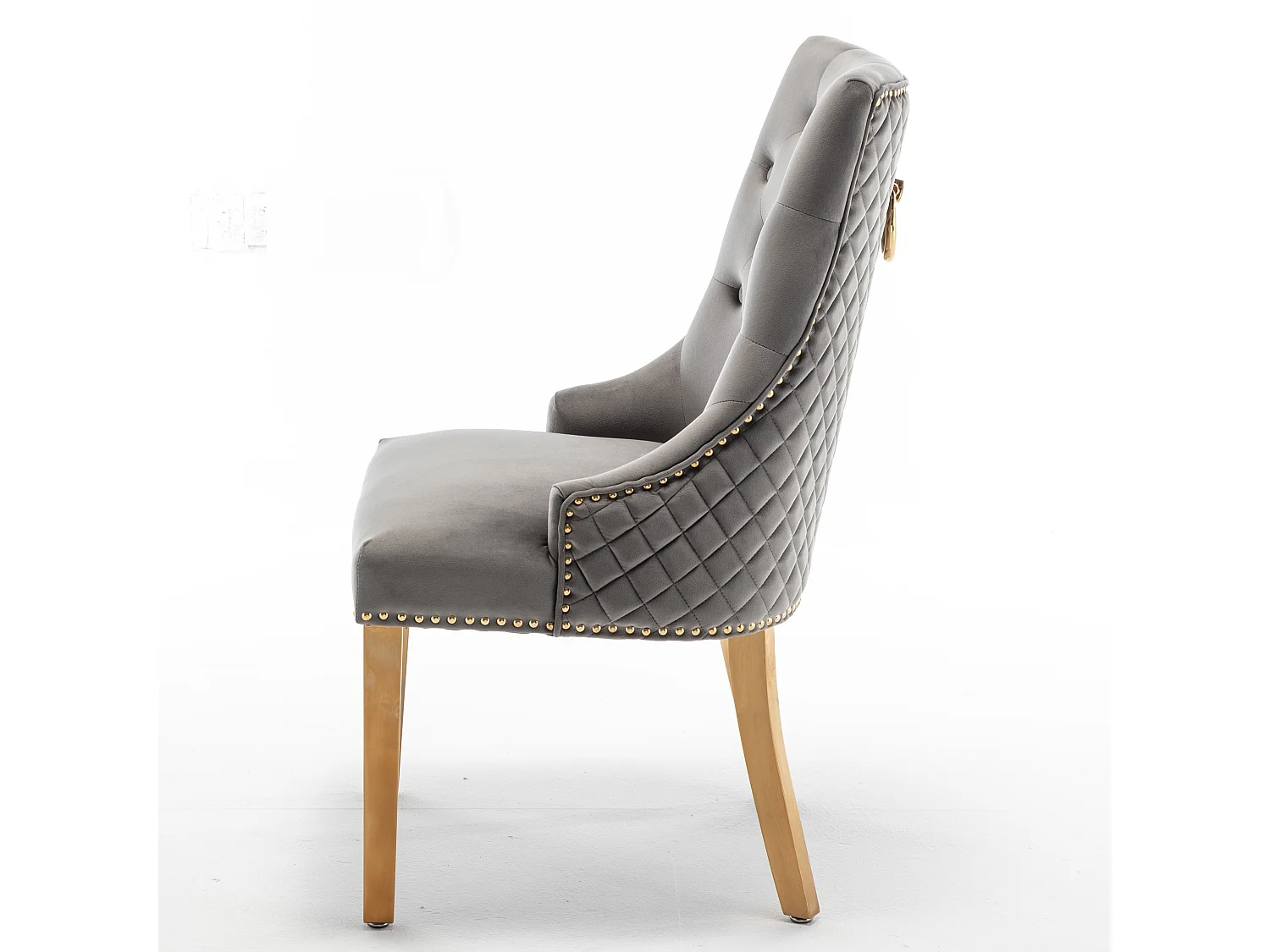 Chaise capitonnée velours avec anneau au dos et pieds métal doré Royal - Lot de 2-Couleur Gris