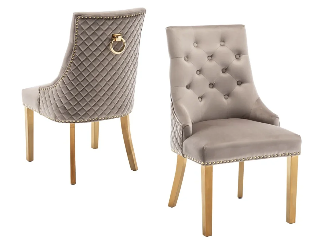 Chaise capitonnée velours avec anneau au dos et pieds métal doré Royal - Lot de 2-Couleur Gris