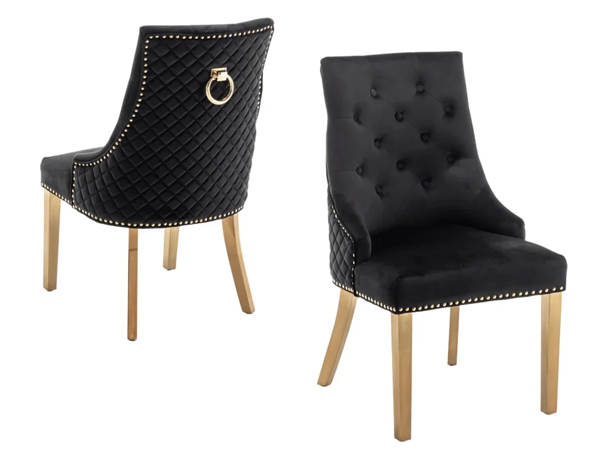 Chaise capitonnée velours avec anneau au dos et pieds métal doré Royal - Lot de 2-Couleur Gris
