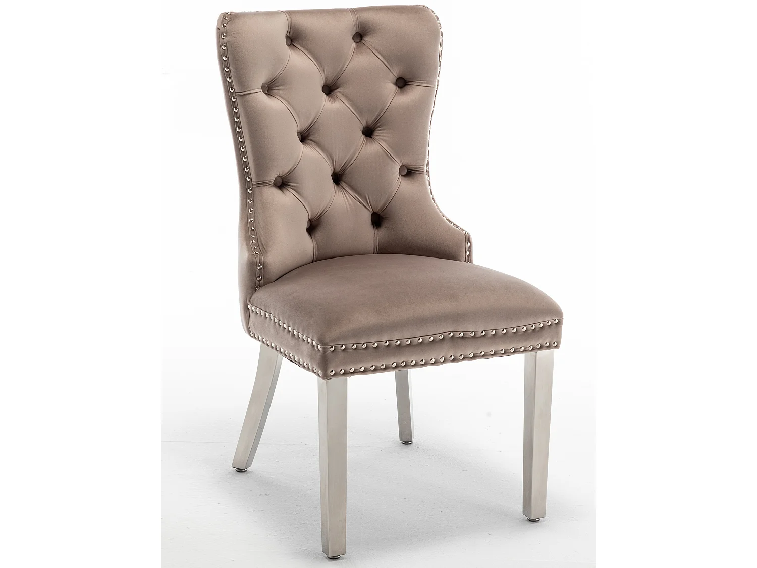 Chaise design velours capitonné clouté et pieds acier chromé Kazar - Lot de 2-Beige foncé