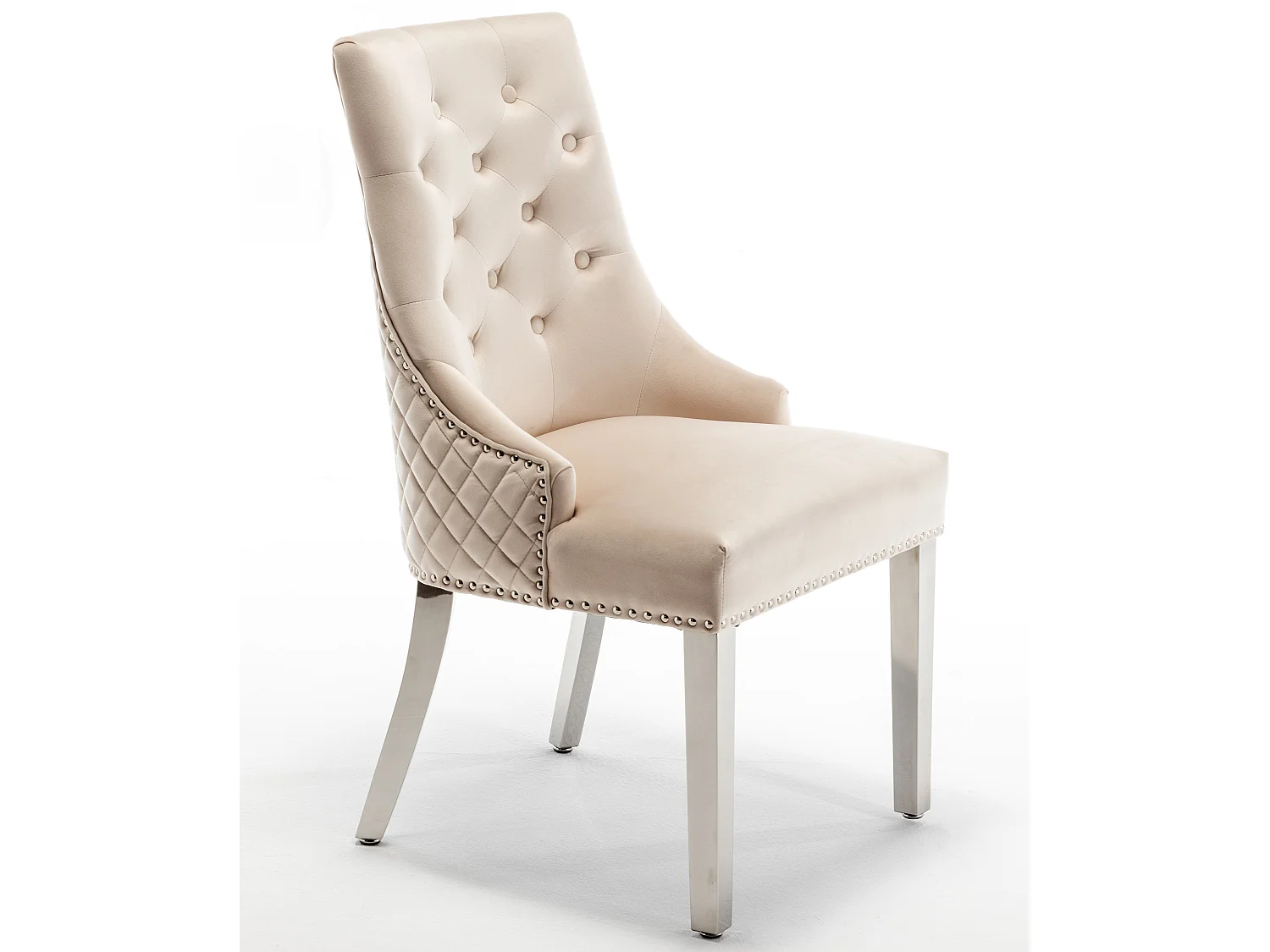 Chaise capitonnée velours avec anneau au dos et pieds métal chromé Royal - Lot de 2-Couleur Beige clair