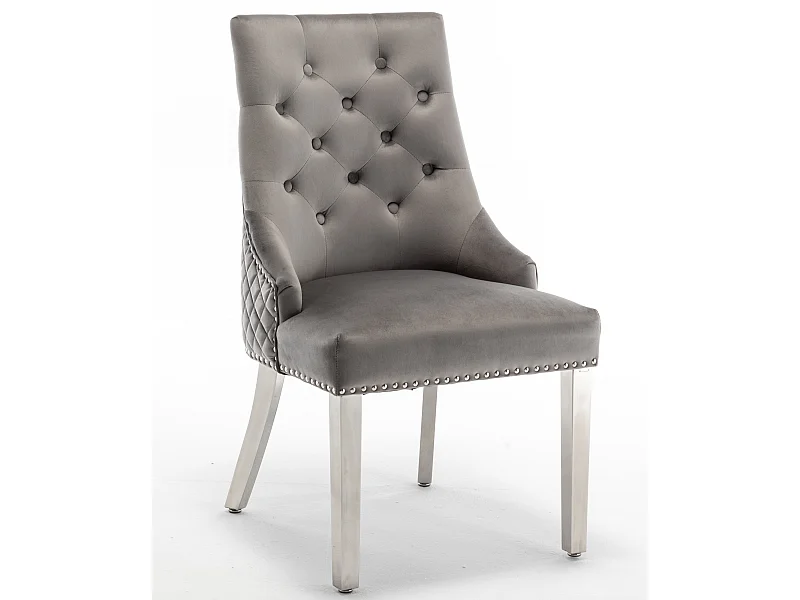 Chaise capitonnée velours avec anneau d'un lion au dos et pieds métal chromé Elena - Lot de 2-Couleur Gris foncé