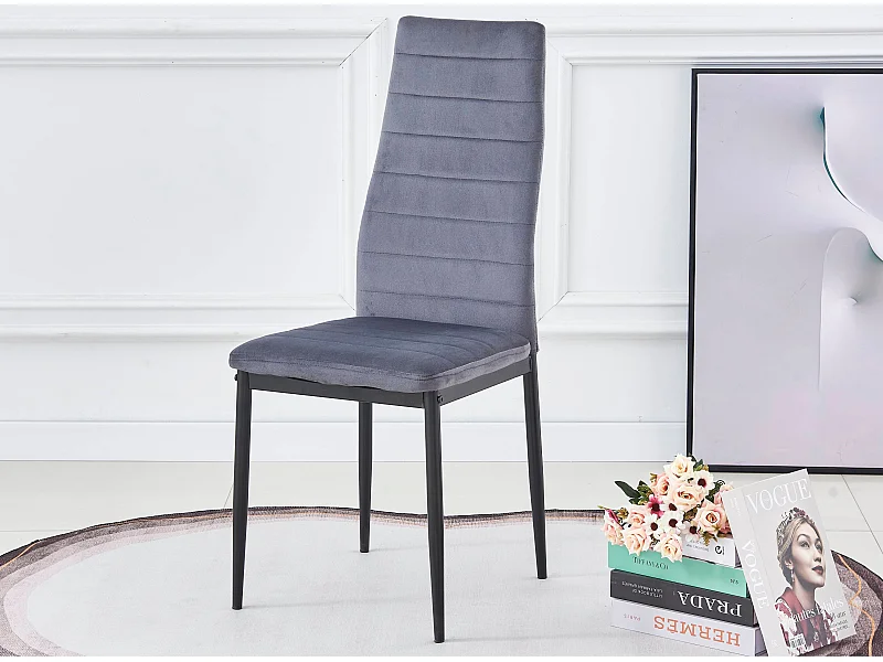 Chaise velours gris matelassé et pieds acier noir Roba - Lot de 6