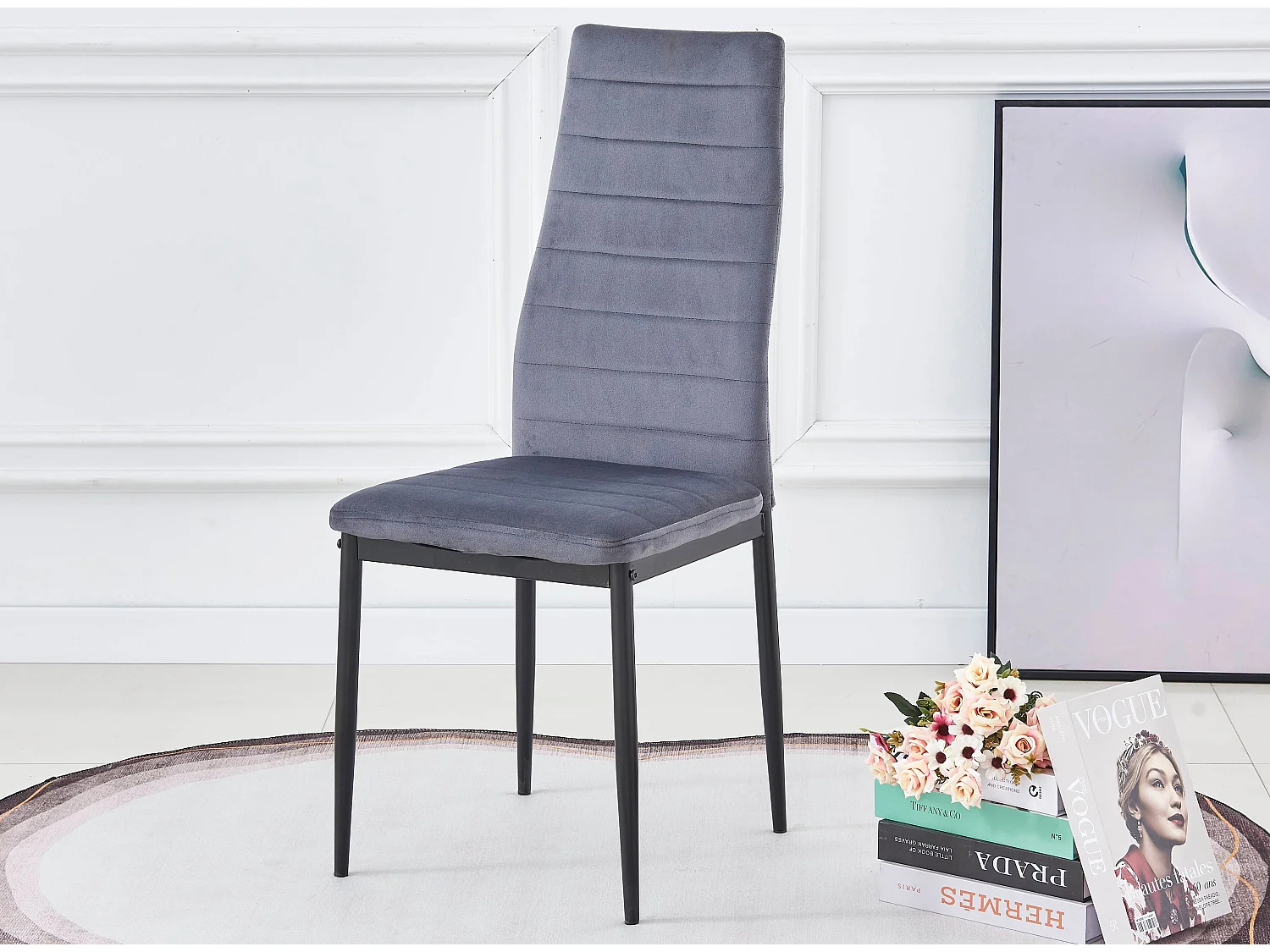 Chaise velours gris matelassé et pieds acier noir Roba - Lot de 6