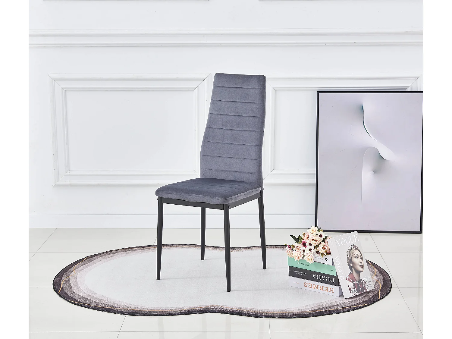 Chaise velours gris matelassé et pieds acier noir Roba - Lot de 6