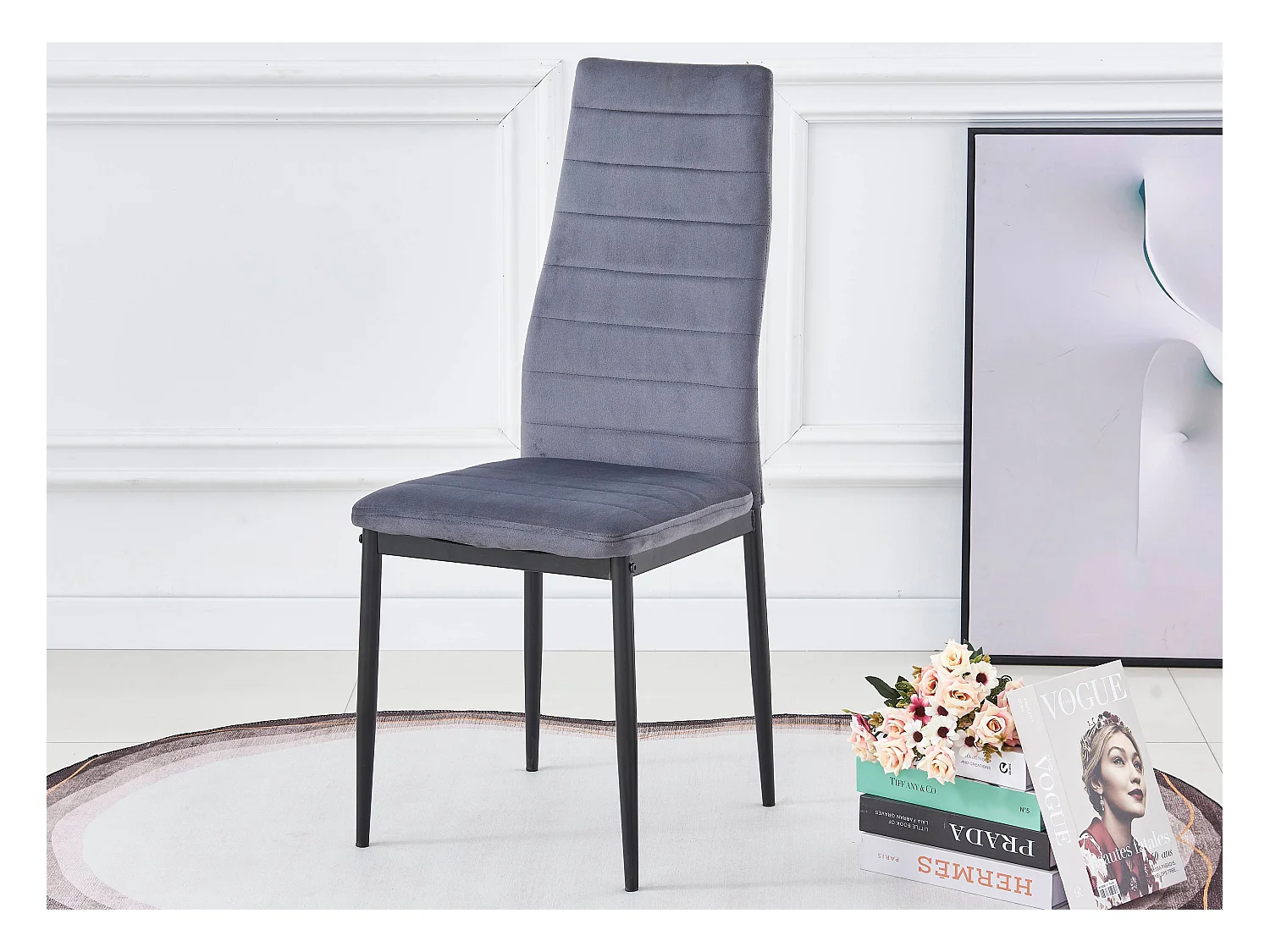 Chaise velours gris matelassé et pieds acier noir Roba - Lot de 6