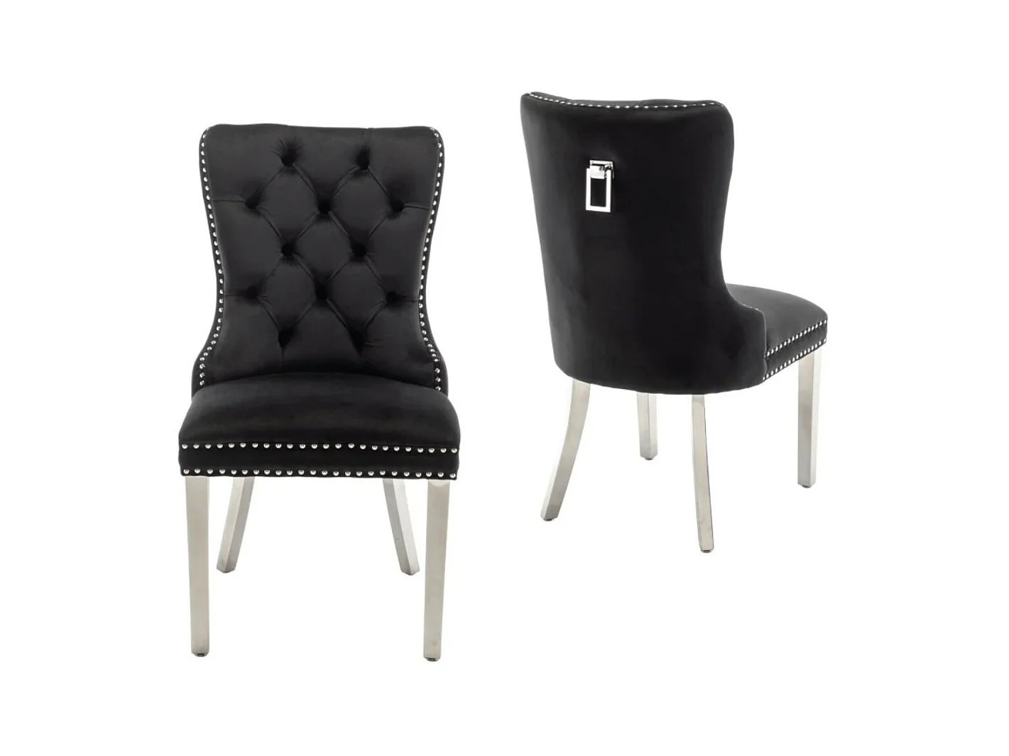 Chaise design velours capitonné clouté et pieds acier chromé Kazar - Lot de 2-Couleur Noir