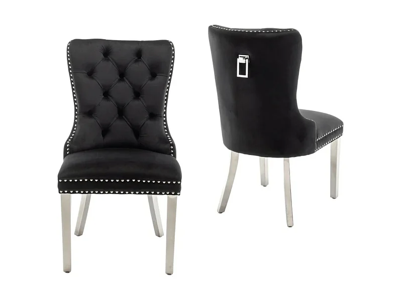Chaise design velours capitonné clouté et pieds acier chromé Kazar - Lot de 2-Couleur Noir