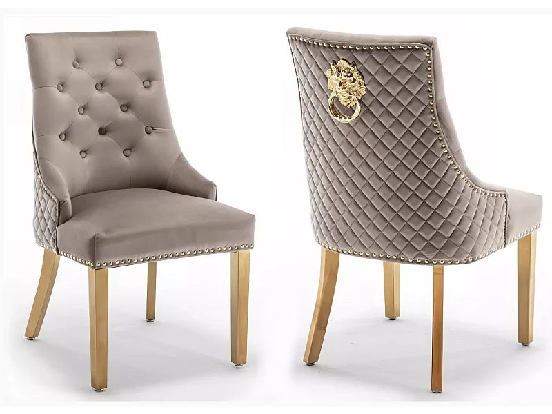 Chaise capitonnée velours avec anneau d'un lion au dos et pieds métal doré Elena - Lot de 2-Couleur Beige foncé