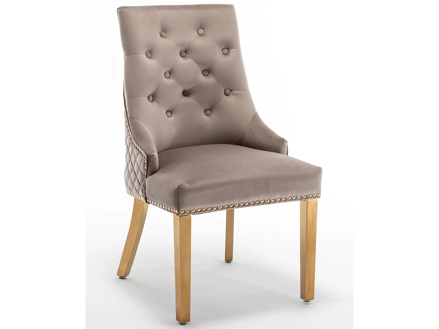 Chaise capitonnée velours avec anneau d'un lion au dos et pieds métal doré Elena - Lot de 2-Couleur Beige foncé