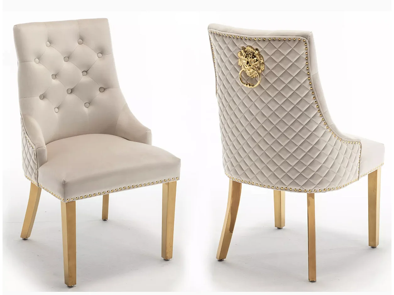 Chaise capitonnée velours avec anneau d'un lion au dos et pieds métal doré Elena - Lot de 2-Couleur Beige foncé