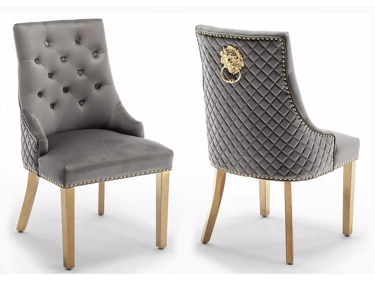 Chaise capitonnée velours avec anneau d'un lion au dos et pieds métal doré Elena - Lot de 2-Couleur Beige foncé