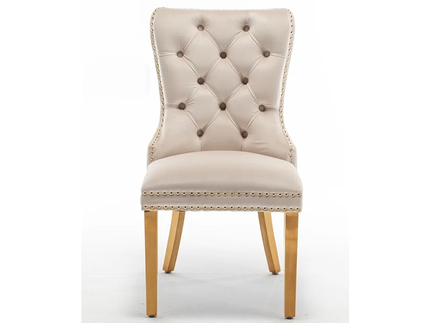 Chaise design velours capitonné clouté et pieds acier doré Kazar - Lot de 2-Couleur Beige clair