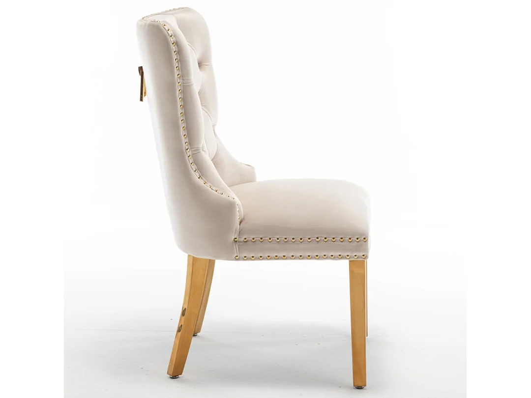 Chaise design velours capitonné clouté et pieds acier doré Kazar - Lot de 2-Couleur Beige clair