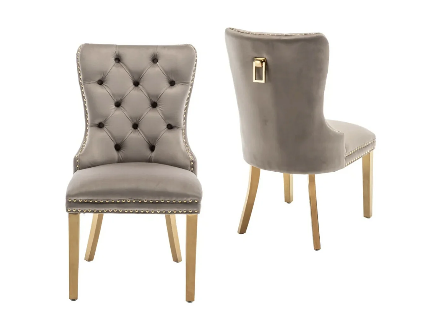 Chaise design velours capitonné clouté et pieds acier doré Kazar - Lot de 2-Couleur Beige clair