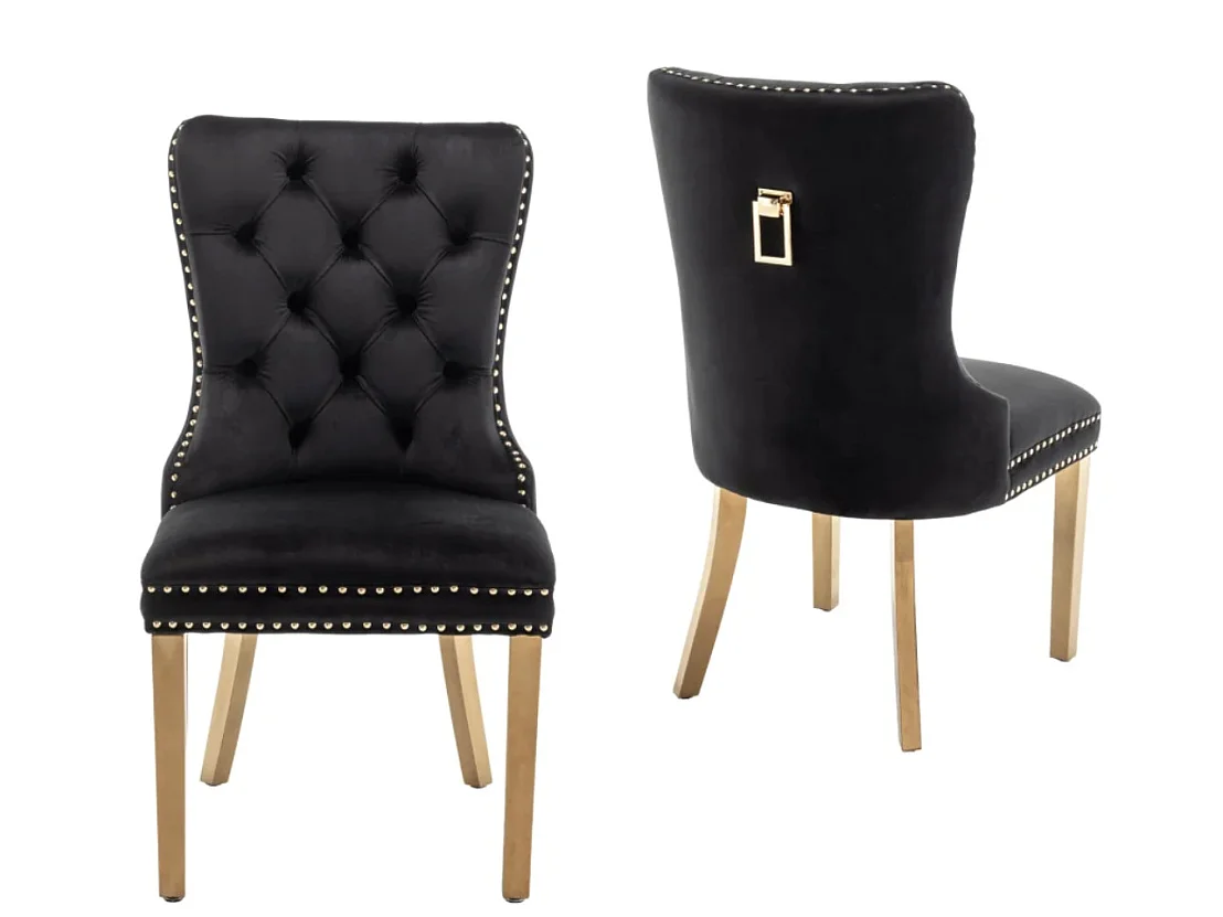 Chaise design velours capitonné clouté et pieds acier doré Kazar - Lot de 2-Couleur Beige clair