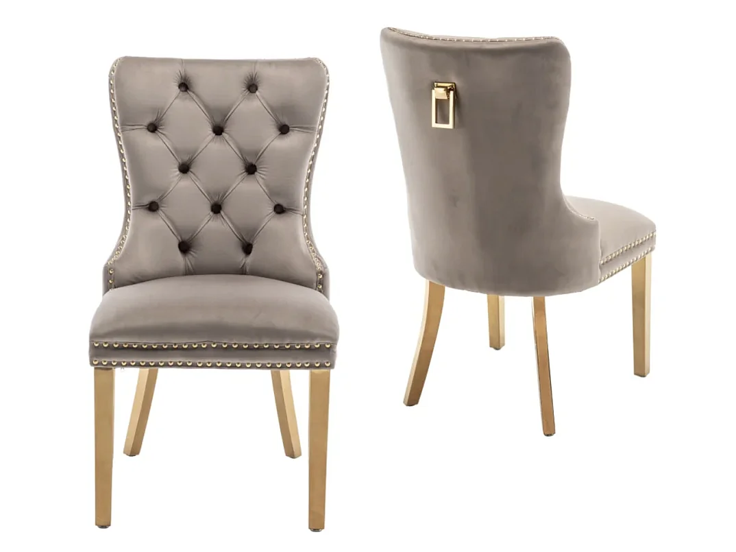 Chaise design velours capitonné clouté et pieds acier doré Kazar - Lot de 2-Couleur Beige clair