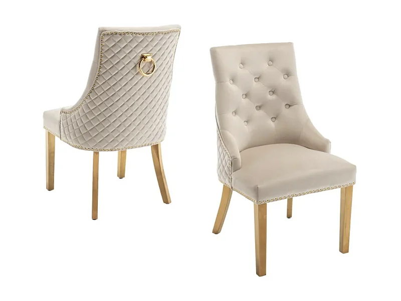 Chaise capitonnée velours avec anneau au dos et pieds métal doré Royal - Lot de 2-Couleur Beige clair