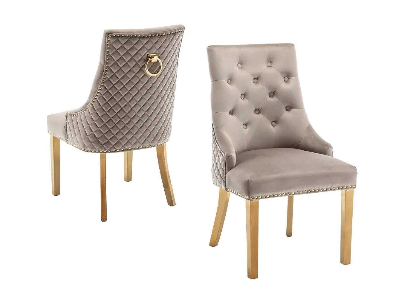 Chaise capitonnée velours avec anneau au dos et pieds métal doré Royal - Lot de 2-Couleur Beige clair