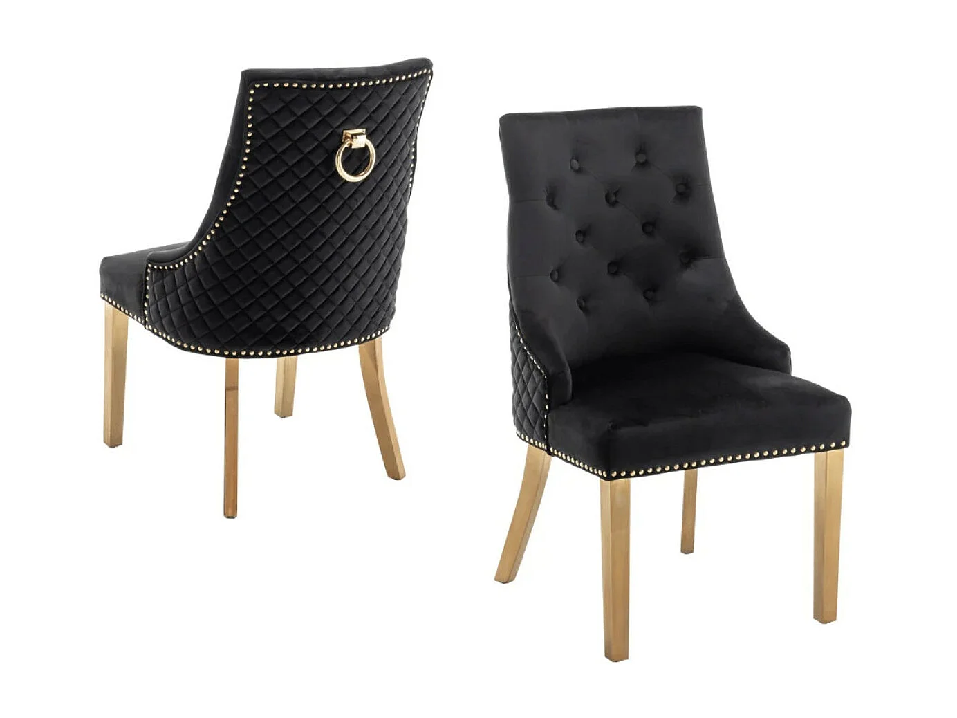 Chaise capitonnée velours avec anneau au dos et pieds métal doré Royal - Lot de 2-Couleur Beige clair