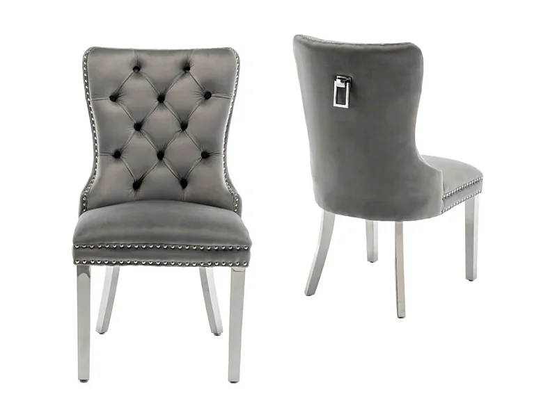 Chaise design velours capitonné clouté et pieds acier chromé Kazar - Lot de 2-Couleur Gris foncé