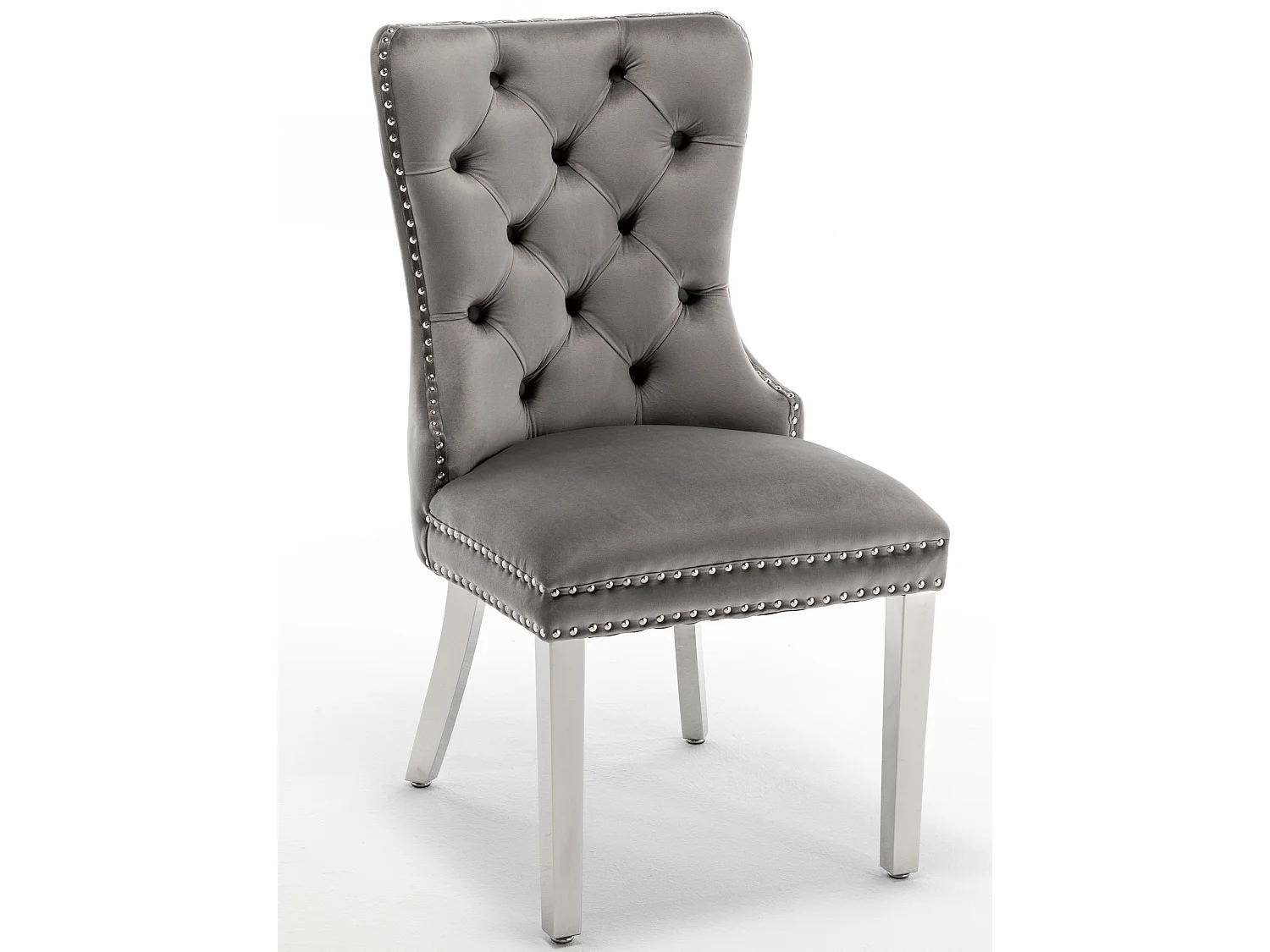 Chaise design velours capitonné clouté et pieds acier chromé Kazar - Lot de 2-Couleur Gris foncé