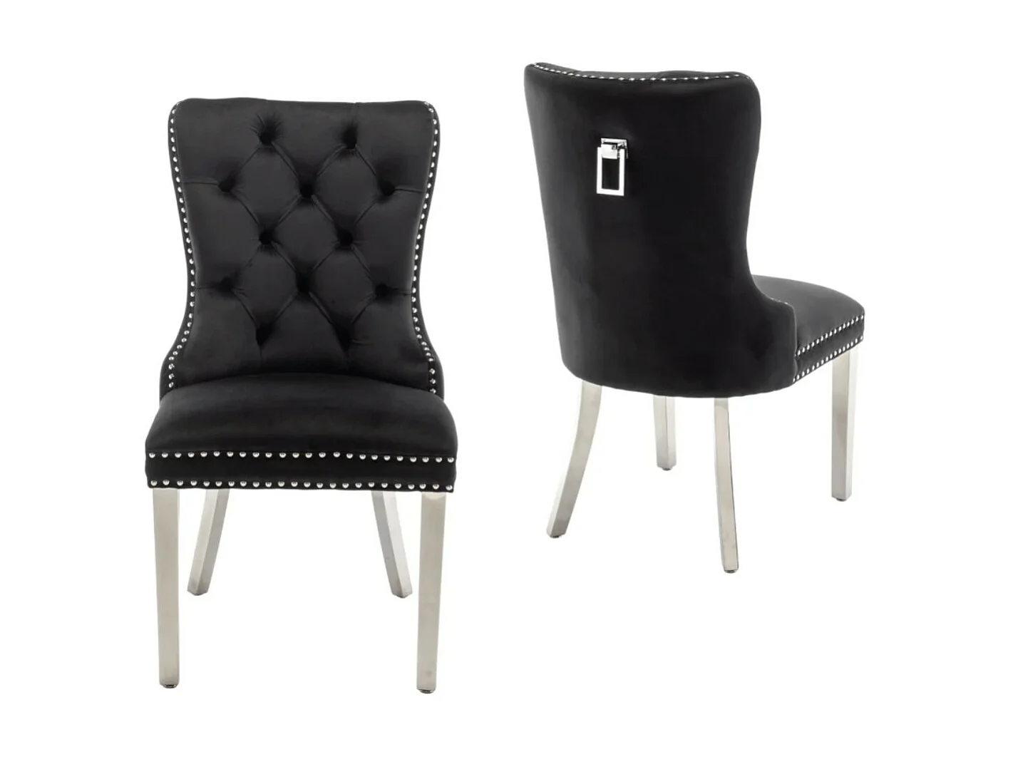 Chaise design velours capitonné clouté et pieds acier chromé Kazar - Lot de 2-Couleur Gris foncé