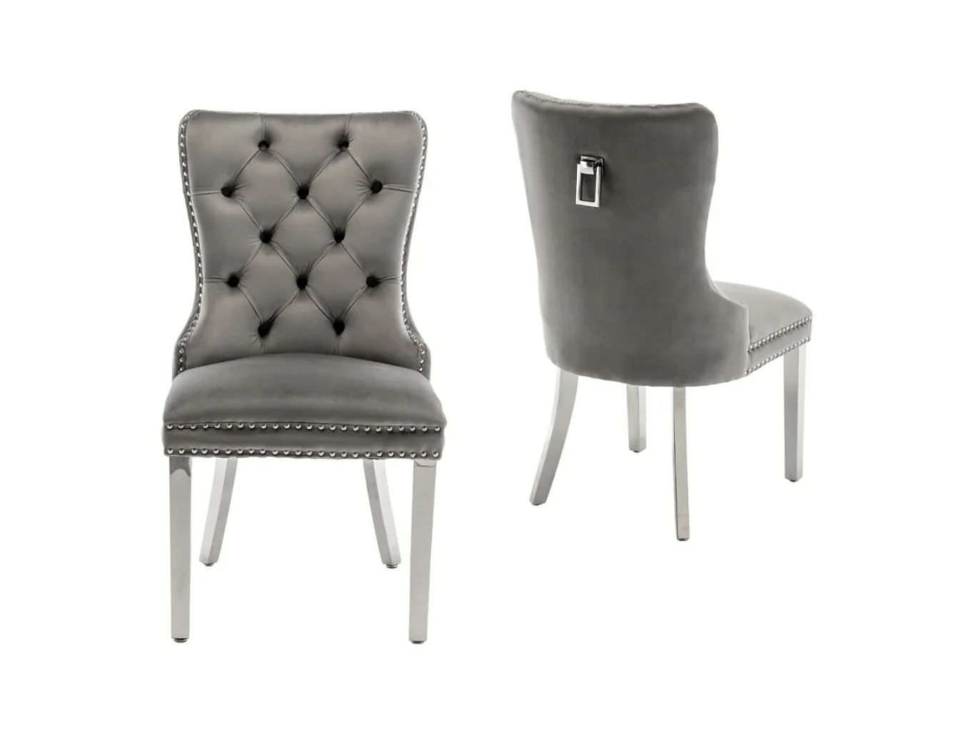 Chaise design velours capitonné clouté et pieds acier chromé Kazar - Lot de 2-Couleur Gris foncé