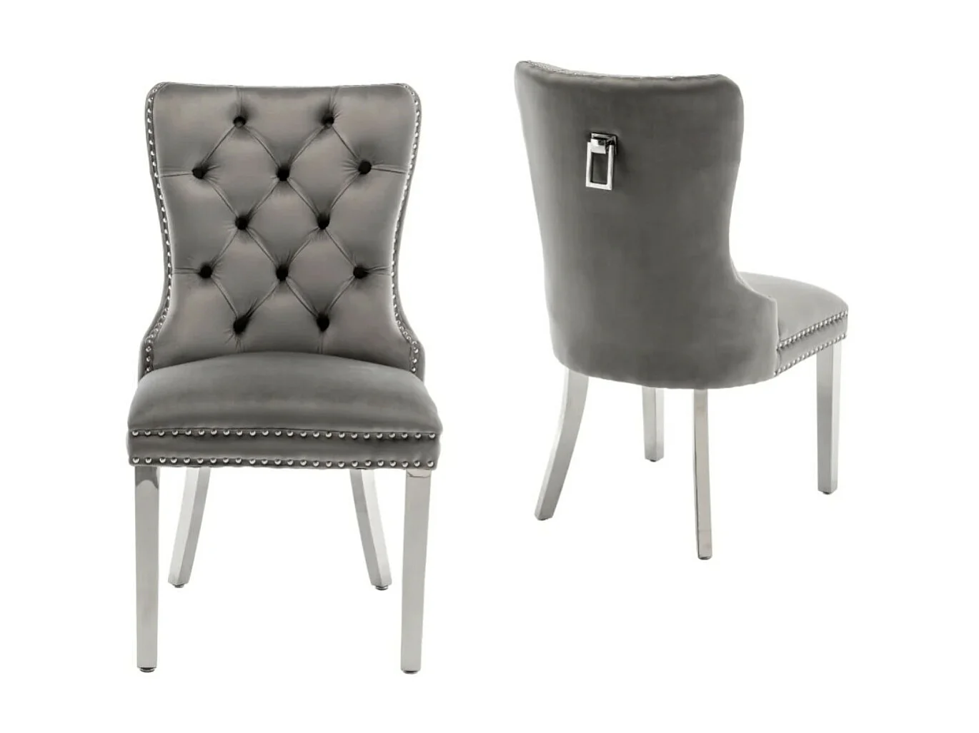 Chaise design velours capitonné clouté et pieds acier chromé Kazar - Lot de 2-Couleur Gris foncé