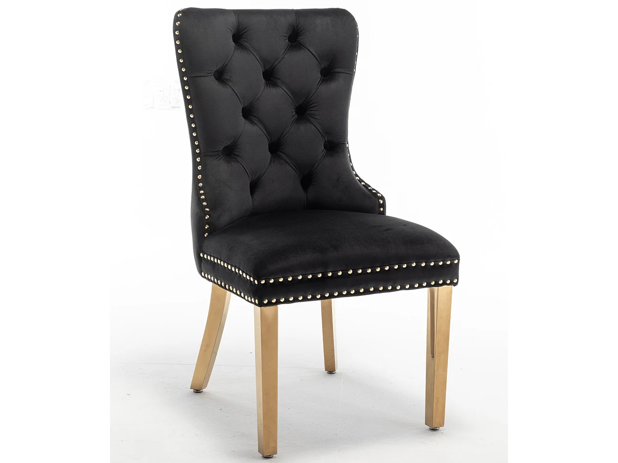 Chaise design velours capitonné clouté et pieds acier doré Kazar - Lot de 2-Couleur Noir
