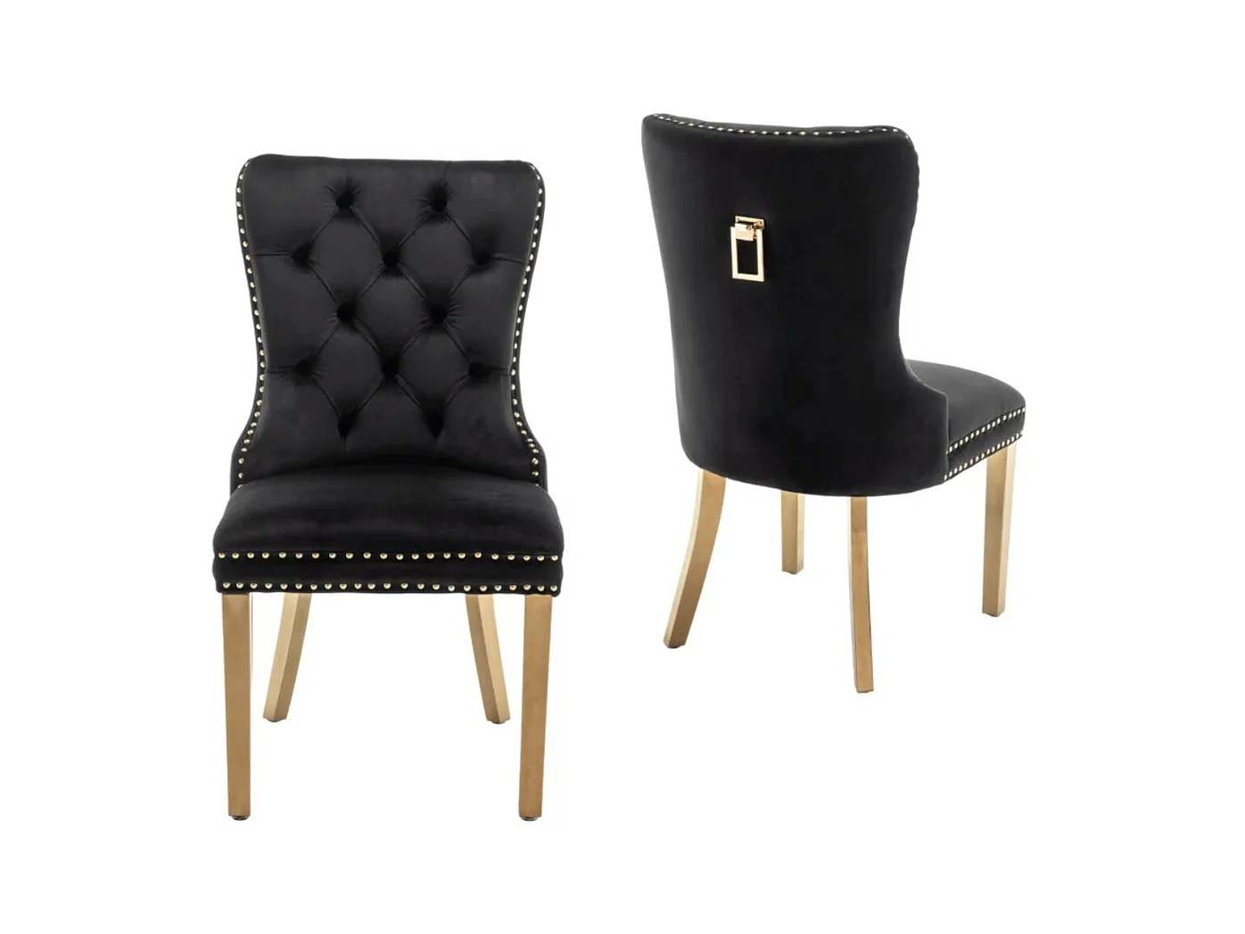 Chaise design velours capitonné clouté et pieds acier doré Kazar - Lot de 2-Couleur Noir
