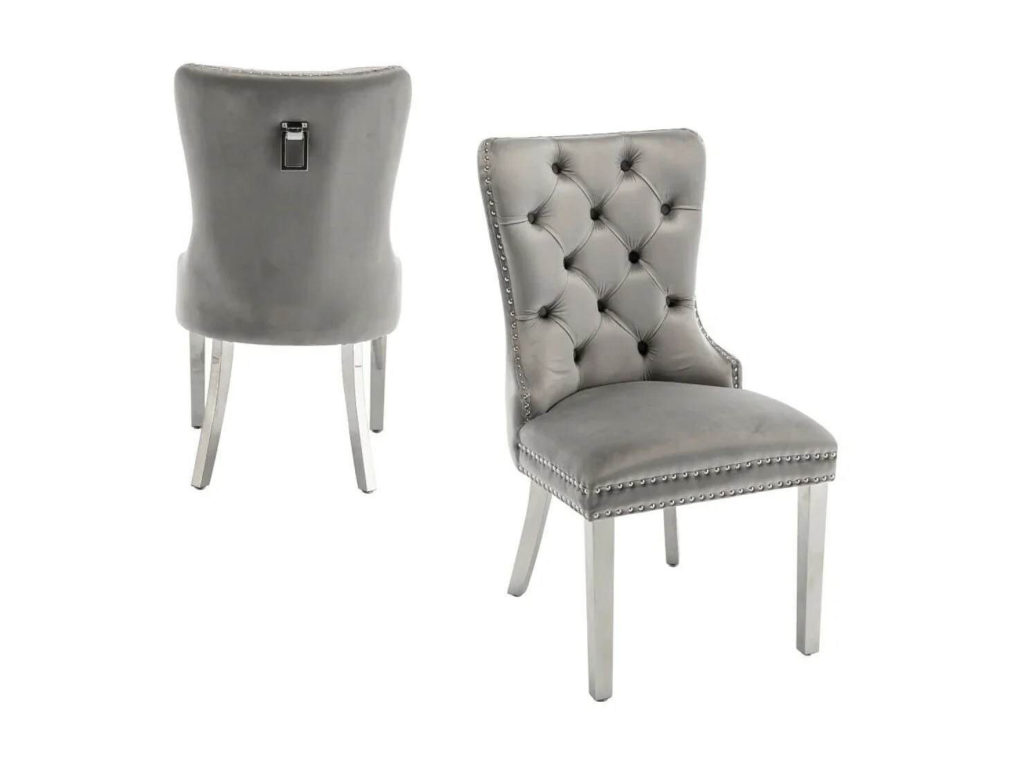 Chaise design velours capitonné clouté et pieds acier chromé Kazar - Lot de 2-Couleur Beige clair