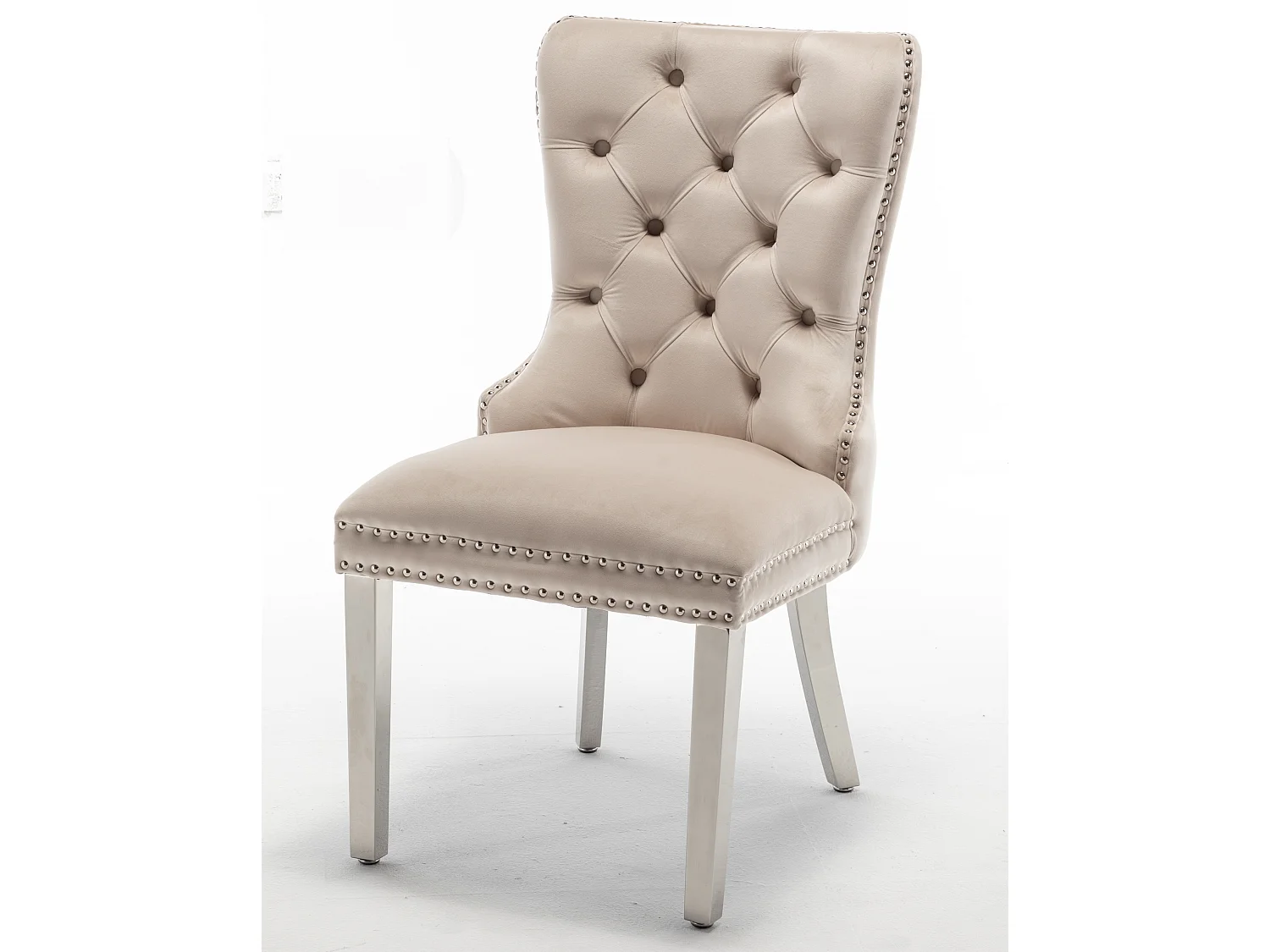 Chaise design velours capitonné clouté et pieds acier chromé Kazar - Lot de 2-Beige clair